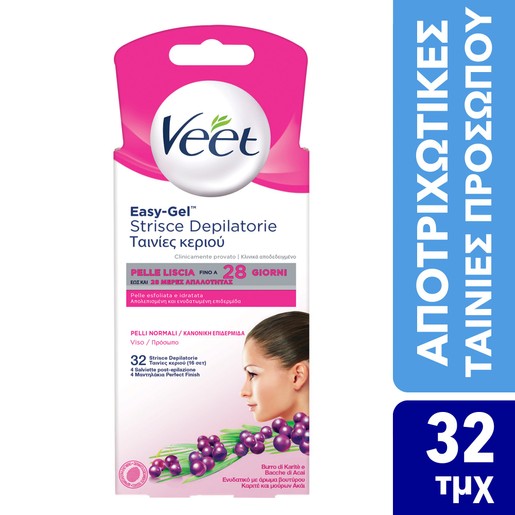 Veet Easy-Gelwax Αποτριχωτικές Ταινίες Προσώπου για Κανονική Επιδερμίδα 32 Τεμάχια