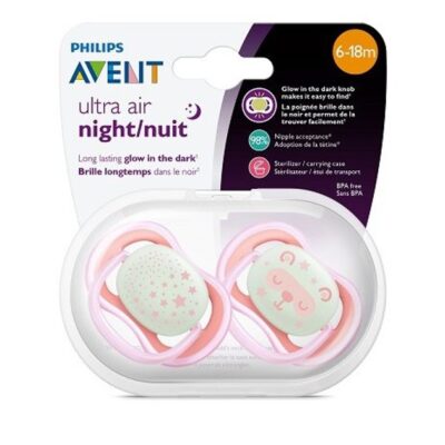 Avent Ultra Air Night Ορθοδοντική Πιπίλα Σιλικόνης με Κρίκο Ροζ 6-18m 2τμχ SCF376/22