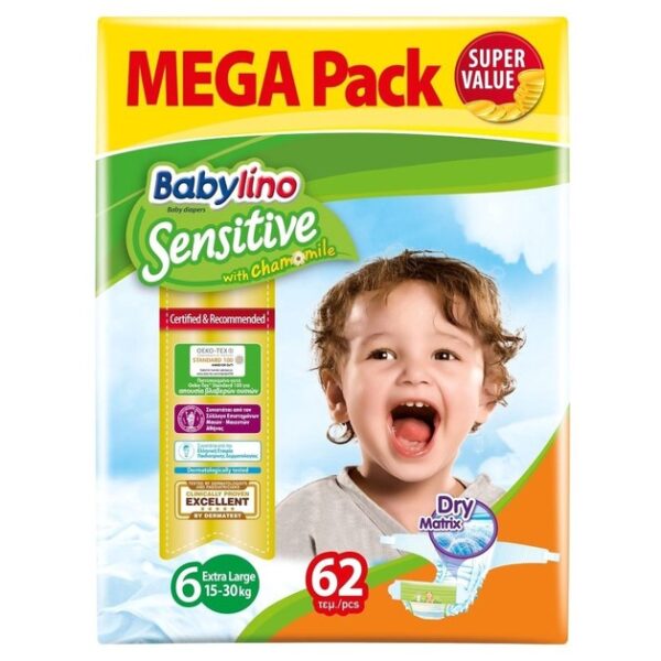 Babylino Sensitive Mega Pack Extra Large Νο6 (15-30kg) Παιδικές Πάνες 62 τεμάχια