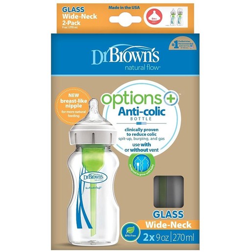 Dr. Brown's Natural Flow Options+ Γυάλινο Μπιμπερό Με Φαρδύ Λαιμό 270ml 2τμχ
