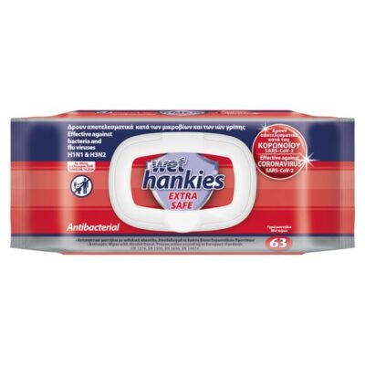 Wet Hankies Extra Safe Antibacterial Αντισηπτικά Μαντηλάκια που Δρουν Κατά των Μικροβίων & των Ιών Γρίπης 63 Τεμάχια