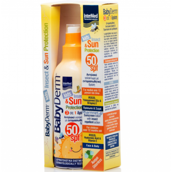 Babyderm Insect & Sun Protection Spf50 Παιδικό Αντηλιακό Γαλάκτωμα με Εντομοαπωθητική Δράση 3 σε 1 200ml